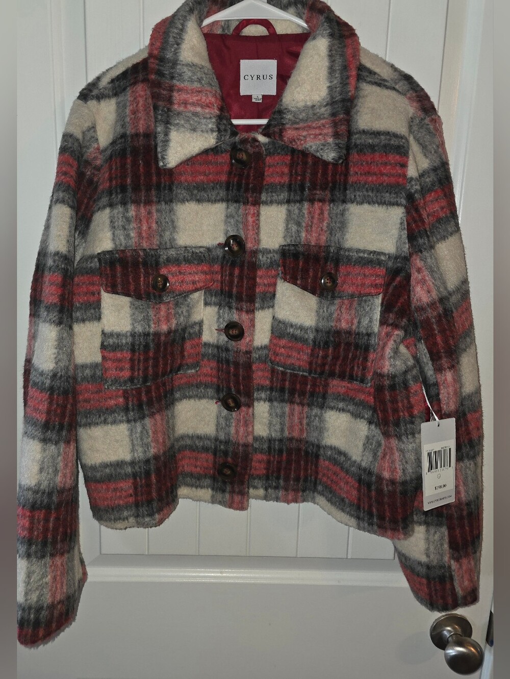 Cyrus Plaid Teddy Shacket in Red, Cream & Gray NWT Large
